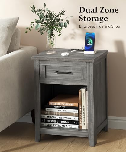 Decofy Farmhouse Nightstand with Charging Station, Grey Oak - Image 4