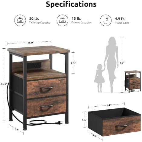Lazzanto Night Stand with Charger Station for Bedroom, Brown Nightstand - Image 2
