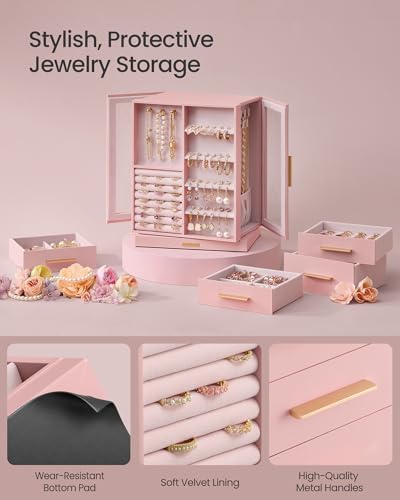 SONGMICS Jewelry Box Organizer, 360° Rotating, 5 Drawers, Jelly Pink - Image 5