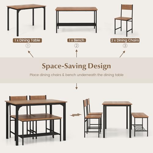 COSTWAY Dining Table Set for 4 w/Bench & 2 Chairs, Storage Racks, Brown - Image 4