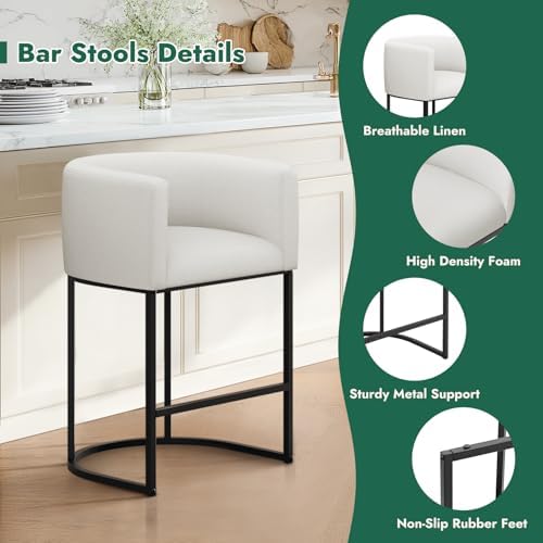 Counter Height Bar Stools, 24 Inch Seat Height Barstools for Dining Room, Fabric Upholstered Bar Chair for Kitchen Island, Linen Counter Stools with Metal Legs, White - Image 4