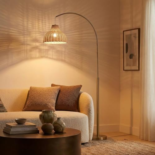 Brightech Lark Arc Lamp for Living Rooms & Offices, Floor Lamp with Unique Hanging Wicker Shade, Standing & Tall for Bedroom Reading, Matches Boho and Other Living Room Decor, Brass by Brightech