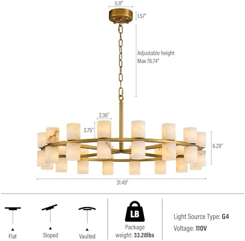 Alabaster Round Chandelier, Natural Spanish Stone Texture Chandeliers, D31in Round Chandeliers for Dining Room Chandelier Light Fixture for Kitchen Living Room Foyer Entryway Hallway (Brass) - Image 2