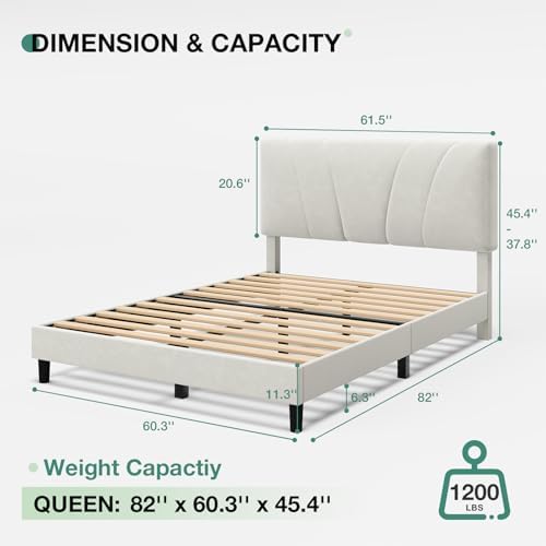 Novilla Queen Bed Frame, Queen Size Bed Frame with Wooden Slats Support, Velvet Upholstered Headboard, No Box Spring Needed, Heavy Duty Feet, Easy Assembly, White Velvet - Image 2