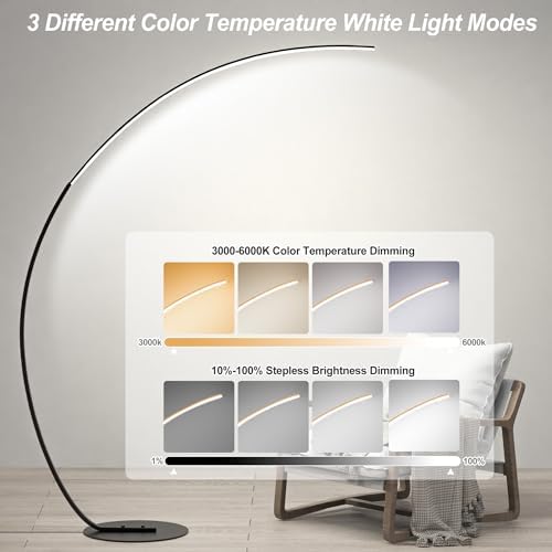 E.P. Light RGBW Modern 69.99 inch Arched Standing Reading Floor Lamp with Remote - Dimmable Black Led Color Changing Curved Ambient Lighting for Bedroom and Living Room - Image 4