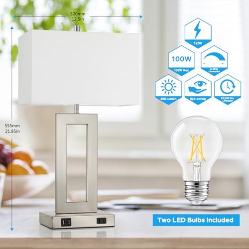 TOBUSA 22" Silver Modern Table Lamp Set of 2 with 2 USB Ports&AC Outlet - Image 3