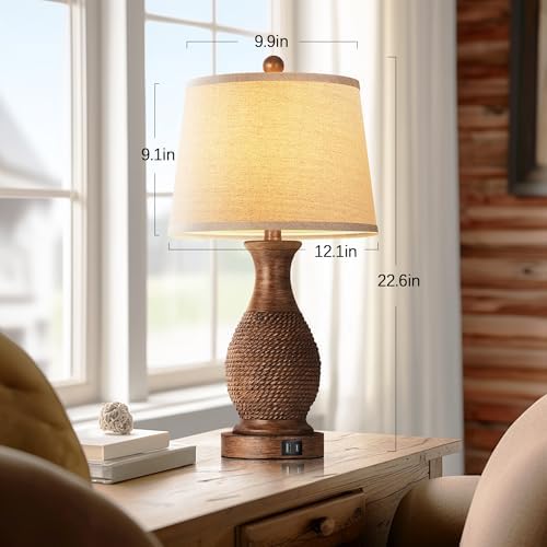 PARTPHONER Table Lamps Set of 2, Bedside Touch Lamp with USB C+A Charging Ports, Side Table Lamp with Linen Fabric Shade (LED Bulbs Included), Wood - Image 5