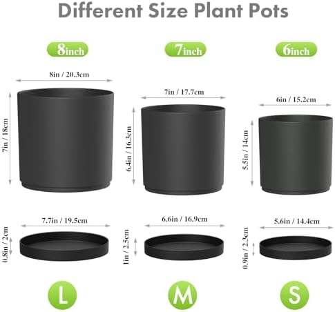 Meowell 8/7/6 inch Plant Pots, 3 Set Cylinder Flower Pots for Outdoor Indoor Plants, Decorative Plastic Planters with Drainage Holes and Saucers for Garden House Plants, Black - Image 2