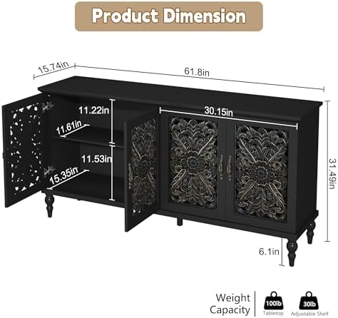 ARTPOWER 61.8" Hollow Carved Accent Cabinet with 4 Doors for Living Room - Image 2
