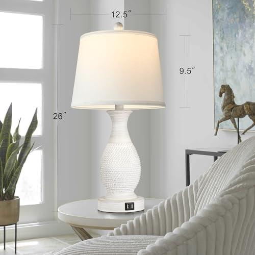 PARTPHONER Set of 2 Table Lamps with USB C+A Fast Charging Ports, 26" Tall Farmhouse Living Room Lamp with 3-Way Dimmable Nightstand Lamp White Fabric Shade for Living Room Bedroom Home Office - Image 3