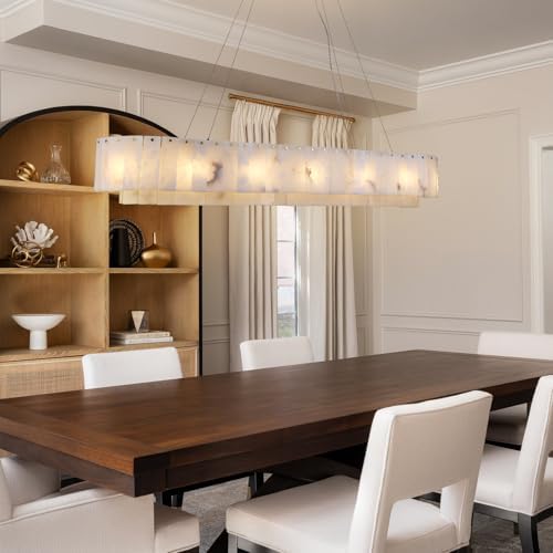 L54in Alabaster Chandelier for Dining Room, Rectangular Modern Chandelier, Spanish Natural Marble Chandeliers, 2-Tiers Pendant Lights Kitchen Island, Chandelier for Living Room, For Foyer, Entryway - Image 3