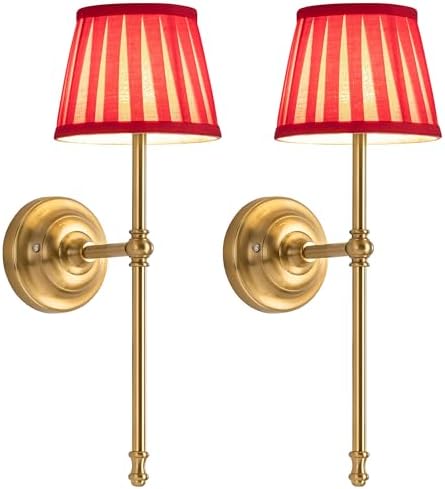 KDG Gold Cordless Wall Sconces Set of 2, Red Fabric LED Wall Lamps by KDG