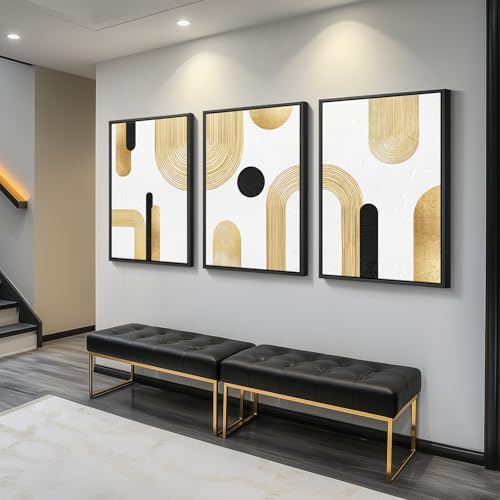 Large Framed Gold Abstract Geometric Wall Art for LIving Room, 3 Piece - Image 2
