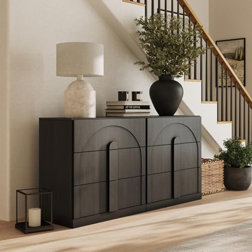 BELLEZE Sideboard Cabinet with 3 Drawers, Set of 2 Modern Wood Buffet Cabinet with Arc Design, Large Fluted Sideboard with Storage for Kitchen Living Room Entryway, Ebony - Image 5