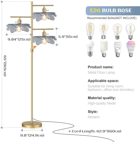 Vintage Dimmable Floor Lamp,Gold Tall Lamp for Living Room Corner,Mid Century Modern Floor Lamp Brass Tree Lamp Blue Glass Shade,Standing Lamps Floor Light for Bedroom Corner Study Office - Image 4