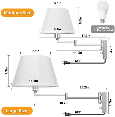 TRLIFE Wall Sconces Plug in, Remote Control Dimmable Wall Sconce and Adjustable Color Temperature 2700K-6500K, Swing Arm Wall Lights with Plug in Cord, 9.4" Medium White Fabric Shade(2 Pack, 2 Bulbs) - Image 7