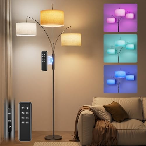 SIBRILLE 36W RGB Arc Floor Lamp with 3 Fabric Shades, 3000LM Super Bright Standing Lamp with Remote Control & Touch, Stepless Dimming, Individual Light Control for Living Room, Bedroom by SIBRILLE