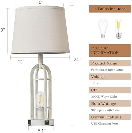 SRJJA 24" Farmhouse Table Lamps for Living Room Bedroom Set of 2, USB A+C - Image 6