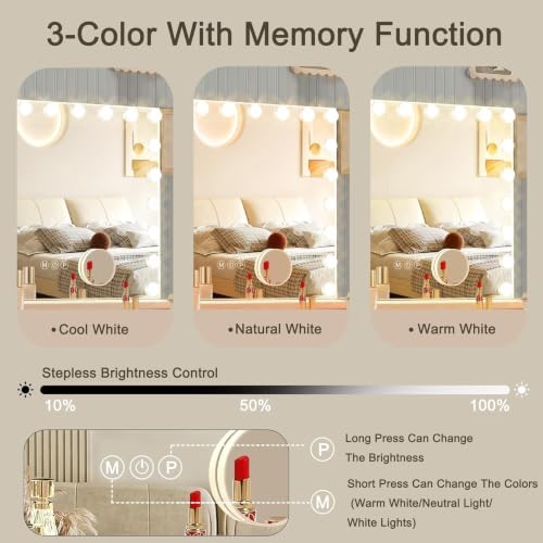 Ratsamee Hollywood Vanity Mirror with Lights, 24 Dimmable Bulbs, 3 Color Lights,Make Up Lighted Mirror, Aluminum Metal Frame, USB Charging Port（48" x 30"） - Image 3