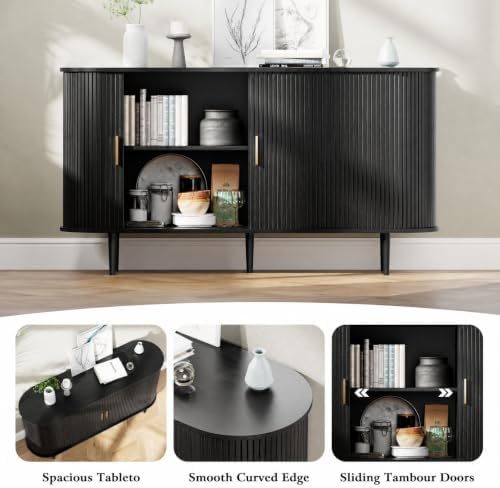 DHH Sideboard Buffet Cabinet with Storage,Mid Century Modern Fluted Accent Coffee Bar Console Table,Tambour Sliding Doors& Adjustable Shelf for Kitchen, Living Room, Entryway(Black, 55 Inch) - Image 4