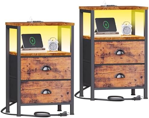 Night Stand Set 2 with Charging Station, LED Light, 2 Drawers, Rustic Brown by Furologee
