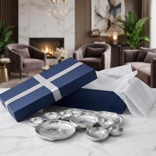 Cluster of 10 Round Serving Bowls Silver Clusters Decorative Elegant Snack Tray for Olives, Chip & Dip, Nuts, Appetizers & Entertaining Strong Brass & Enamel Home Decor Gifts, Parties & Weddings 20.5" - Image 7