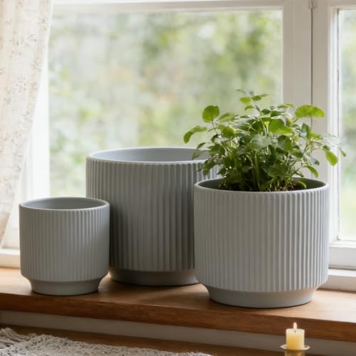 Oakrain Plant Pots with Vertical Stripes 7.8/6.5/5.2 inch, Set of 3 Modern Decorative Planters for Indoor Outdoor Plants, Flower Pot with Drainage Holes, Ceramic Blue - Image 2