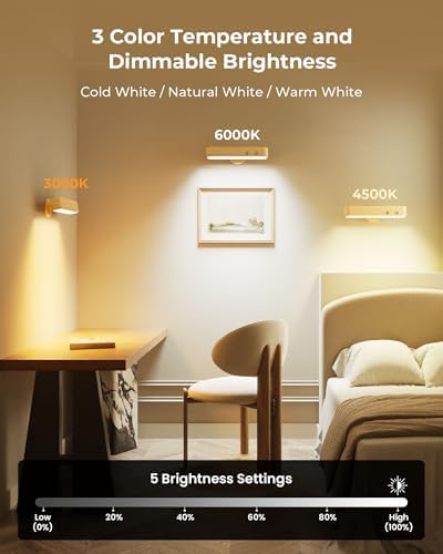 PopoIron 7500 mAh Rechargeable Wall Sconce, Battery Operated LED Wall Light for Bedroom with Remote Control & Touch, 360° Magnetic Rotation, 3 Colours, Dimmable Wood Wall Lamp, 15 RGB Colors, 1p - Image 6