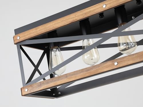 Rustic Farmhouse Wood Kitchen Island Lighting, 5 Lights Rectangular Pendant Light Fixture, Adjustable Chain Oak Wood and Metal Linear Chandelier for Dining Room Kitchen Island Farmhouse, Black - Image 5