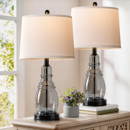 ROTTOGOON Glass Table Lamp Set of 2, Modern Table Lamps for Living Room Bedroom, Bedside Desk Lamps Vintage Nightstand Lamps with Linen Shades, 22", Black - Image 6