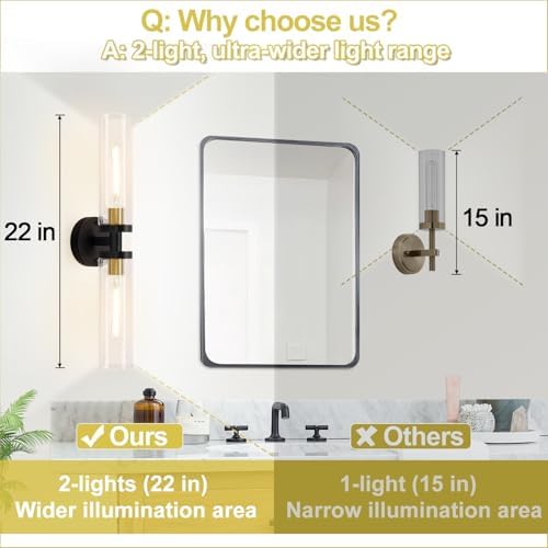 Indoi Hardwired Wall Sconces Set of Two, 22" Black and Gold Bathroom Sconces with Clear Glass, Modern Sconces Wall Decor Set of 2 Wall Light fixtures for Bathroom Mirror Living Room Hallway Bedroom - Image 3