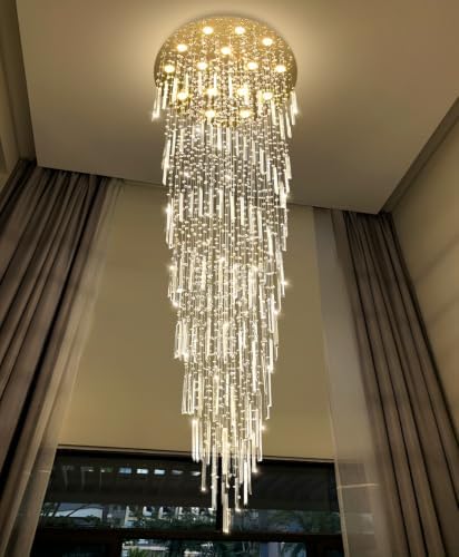 D40'' x H120'' Crystal Chandelier High Ceiling Chandeliers for Entryway Large Raindrop Chandeliers LED Dimmable Flush Mount Light Fixtures for Staircaes Foyer Hallway Living Room Bulbs Included Gold by CENOZO