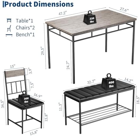 GarveeHome Dining Table Set, Dining Table for 4 with Bench, Kitchen Table - Image 2