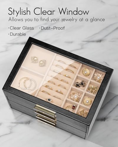 VLANDO 4 Layer Jewelry Box for Women, Glass Lid Jewelry Organizer with 4 Drawers for Necklaces Rings Earrings Bracelets - Black - Image 3