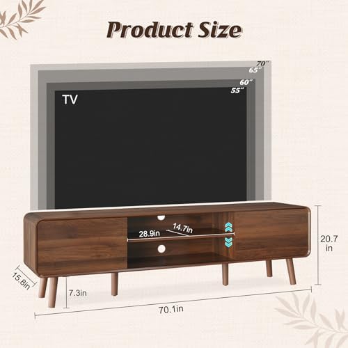 Nasonet 70" Mid Century Modern TV Stand for Tvs up to 80", Entertainment Center with Storage, Sideboard Media Console for Living Room with 2 Sliding Door/Adjustable Shelves, Walnut - Image 2