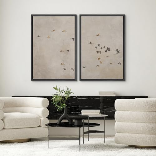 SIGNWIN Framed Canvas Print Wall Art Set Flying Birds Silhouette Minimalist Beige Illustrations Modern Minimal Decorative for Living Room, Bedroom, Office - 24"" x36 x2 Black - Image 2