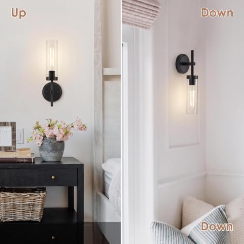 SANTOSTOCK Black Wall Sconces Set of Two, Hardwired Bathroom Vanity Sconces Wall Lighting with Clear Glass Shade, Modern Farmhouse Wall Mount Lights for Mirror Bedroom Living Room Hallway Entryway - Image 4