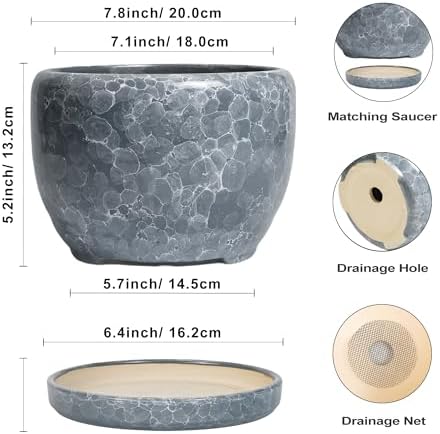 SQOWL 8 inch Plant pots Indoor - Ceramic Planter with Drainage Hole and Plant Saucer, Decorative Ceramic Flower Pot Outdoor, Modern Round Planter, Patio Porch Garden Decor, Garden Gifts, Gray - Image 3