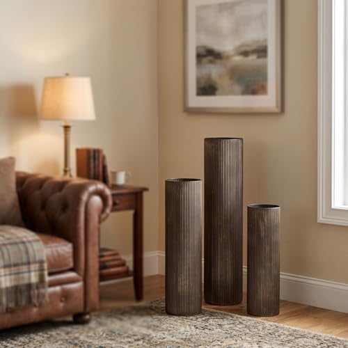 Brown Tall Ribbed Floor Vase - Set of 3 Metal Large Decorative Vases - Image 2