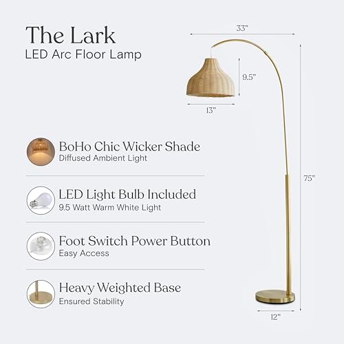 Brightech Lark Arc Lamp for Living Rooms & Offices, Floor Lamp with Unique Hanging Wicker Shade, Standing & Tall for Bedroom Reading, Matches Boho and Other Living Room Decor, Brass - Image 4