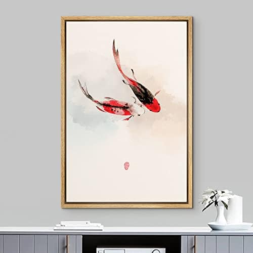 NWT Framed Canvas Print Wall Art Asian Style Watercolor Koi Fish in Water Amphibians Ocean Illustrations Modern Art Rustic Scenic Colorful Pastel for Living Room, Bedroom, Office - 16"x24" Natural - Image 2
