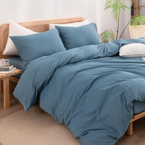 BESTOUCH Cotton Solid Duvet Cover Set Linen Feel Dark Blue Oversized Full - Image 5