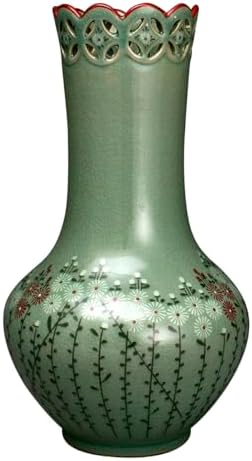 Korean Celadon Glaze Openwork Head and Inlaid Chrysanthemum Body Flower Design Green Decorative Porcelain Ceramic Pottery Home Decor Accent Vase by AntiqueAlive