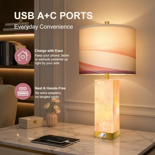 Scenekoy Pink Alabaster Table Lamp Set of 2 with Night Light for Bedroom - Image 5