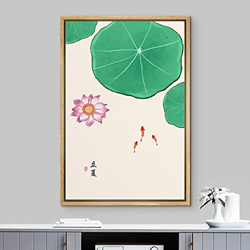 NWT Framed Canvas Print Wall Art Watercolor Chinese Style Lily Pads, Lotus & Fish Nature Wilderness Illustrations Modern Art Rustic Colorful Pastel for Living Room, Bedroom, Office - 24"x36" Natural - Image 2