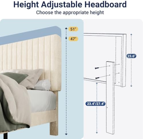 Allewie Full Bed Frame, Upholstered Platform Bed with Adjustable Vertical Channel Tufted Headboard, Mattress Foundation with Strong Wooden Slats, Box Spring Optional, Easy Assembly, Chenille White - Image 6