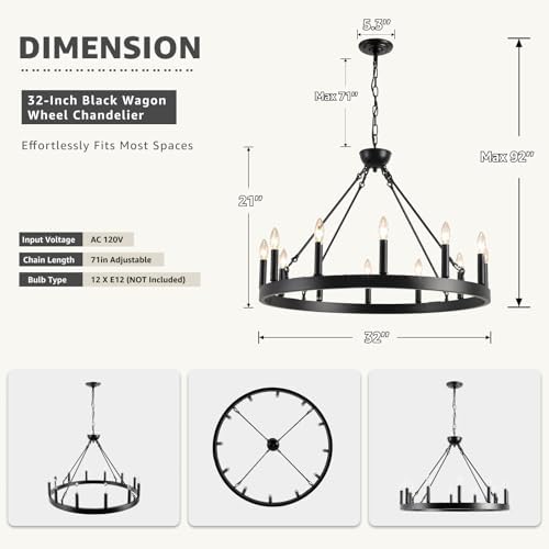 Wagon Wheel Chandelier 32" 12-Light Black Modern Farmhouse Chandeliers - Image 3