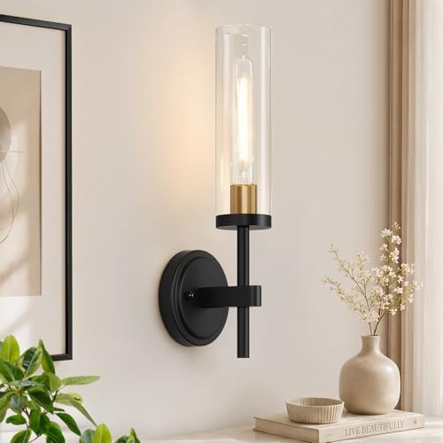 MOKATNG Hardwired Wall Sconces, Black and Gold Bathroom Sconces with Clear Glass, Modern Wall Light Fixtures for Bathroom Mirror Vanity, Living Room, Bedroom, Hallway, Stairway, Cabinet, Foyer by Bathroomlightfixtures