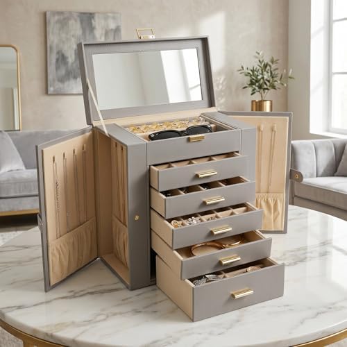 Large Leather Jewelry Box for Women, Mirror, 6 layer, Grey - Image 6