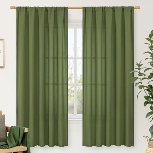 LAMIT Olive Green Semi Sheer Linen Curtains 72 Inch Length for Living Room by LAMIT